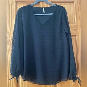 MTS Black Swiss Dot Sheer Blouse Long Sleeve V-Neck Tie Cuff Top Size M
